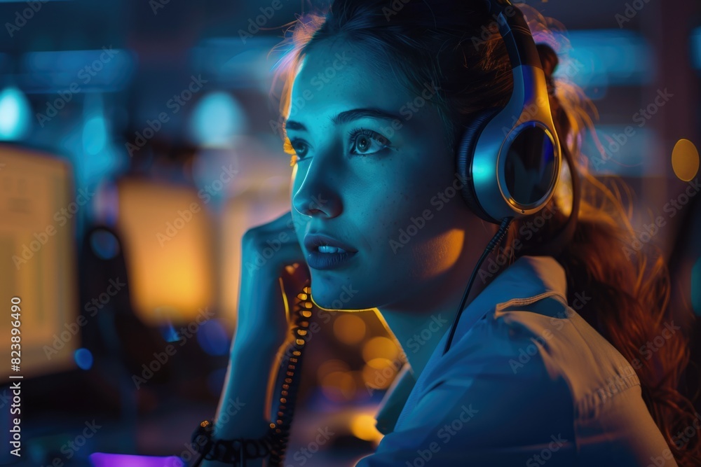 Aufkleber a woman sitting in front of a computer with headphones on. suitable for technology and remote work c