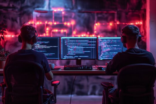 Two coders working in a neon-lit room