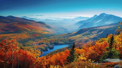A breathtaking mountain vista in autumn, with vibrant fall foliage covering the slopes, a crystal-clear river winding through the valley, and the distant mountains standing under a clear blue sky. - Powered by Adobe