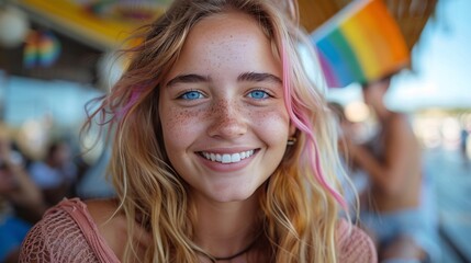 Ultra-realistic photo of teens with rainbow flags and happy expressions, celebrating Pride Month at sunset
