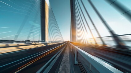 Modern bridge with motion blur and sun flare.