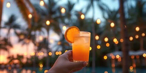 A hand holding a glass of orange cocktail in front of a blurred tropical background with palm trees and string lights - Powered by Adobe