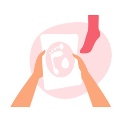 Female hands holding packaging of red peeling socks for foot skin care hygiene procedure vector illustration