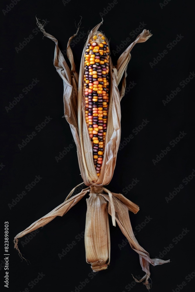 Poster close up of a corn cob on a black background. ideal for food and agriculture concepts