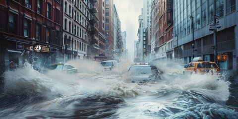 Cars driving through flooded street