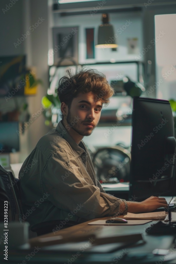 Poster A man sitting at a desk in front of a computer. Suitable for business and technology concepts