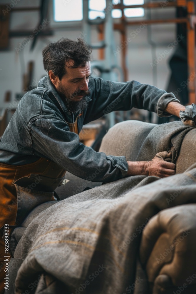 Poster A man tending to a sheep in a barn, suitable for agricultural concepts