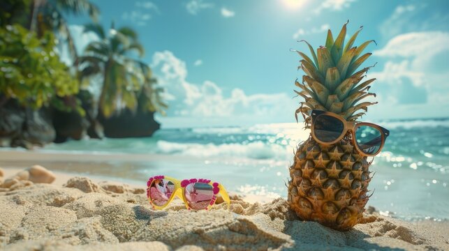 Tropical Vibes: Pineapple and Sunglasses Chill on Sandy Beach