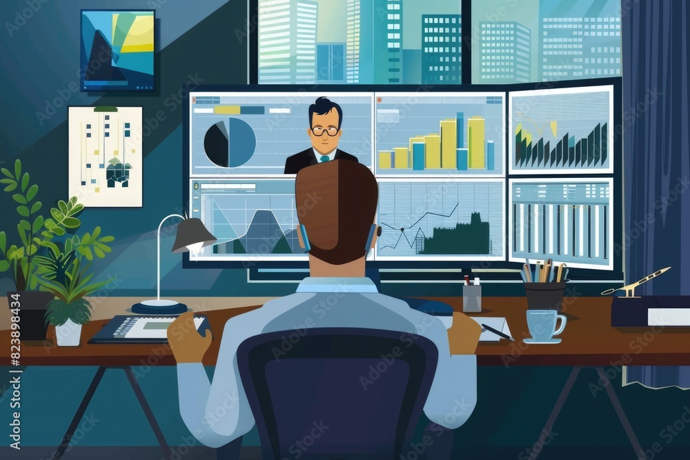 Aufkleber A man sitting at a desk in front of a computer. Suitable for business or technology concepts