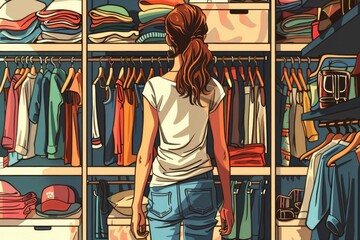 Naklejka premium Woman standing in front of a closet full of clothes, perfect for fashion or organization concepts