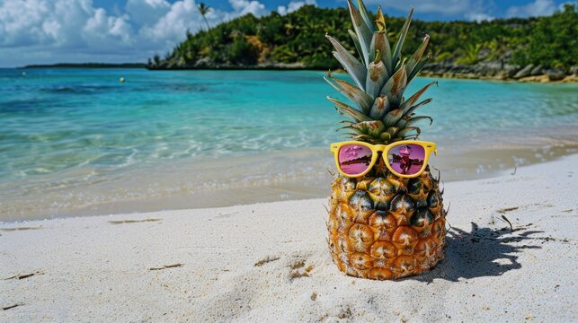 Tropical Delight: Pineapple With Sunglasses Enjoying Beach Day