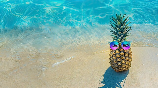 Tropical Delight: Pineapple With Sunglasses Enjoying Beach Day