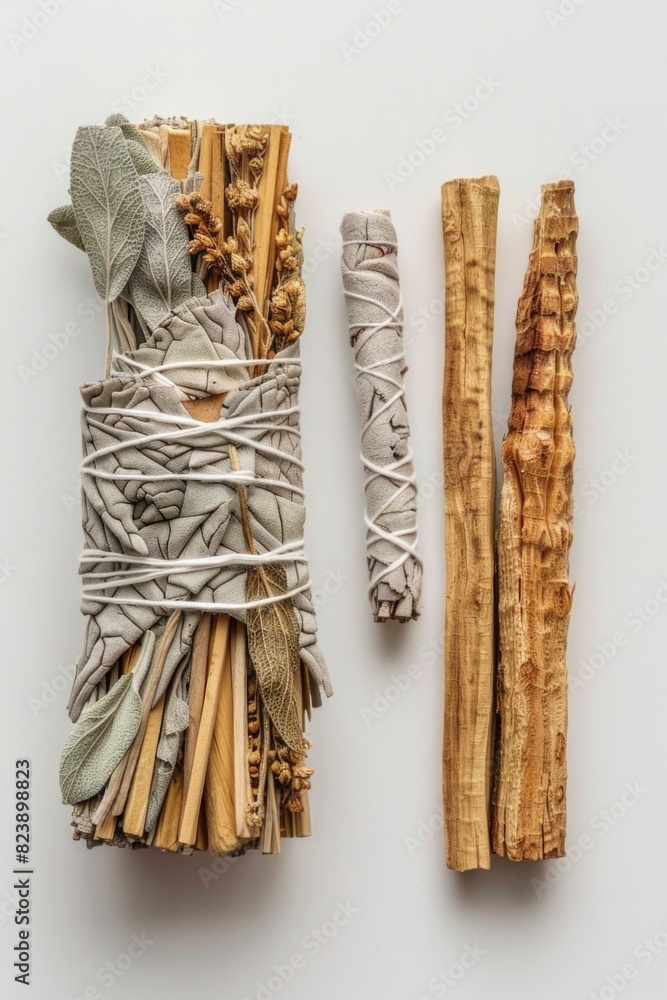 Poster a bundle of sticks of sage and other herbs. can be used for aromatherapy or spiritual practices