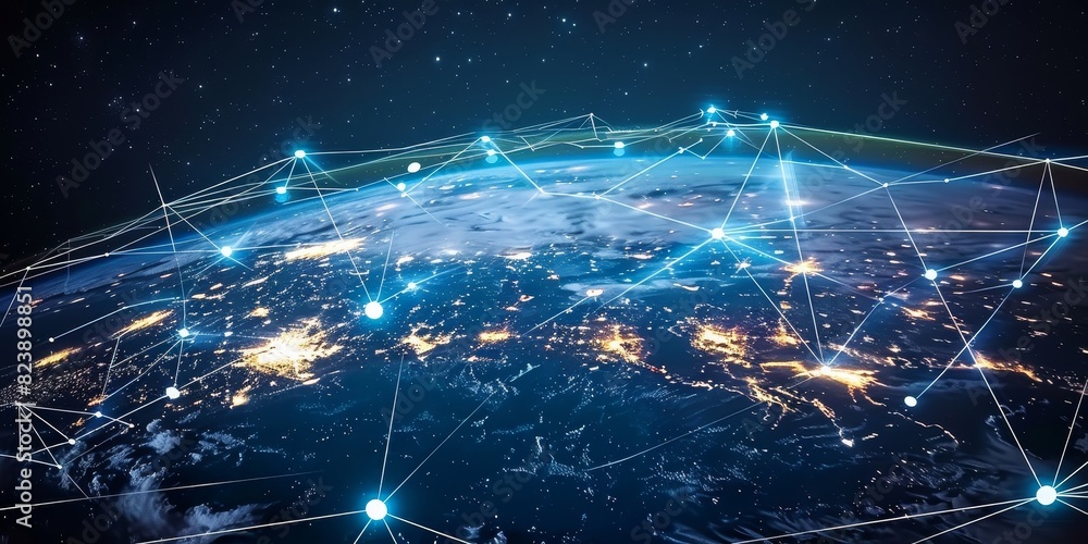 Wall mural 5G telecommunications world space low orbit  Global connection internet satellite web data network 