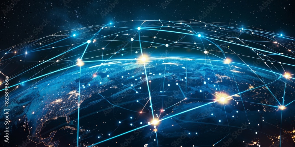 Wall mural 5g telecommunications world space low orbit global connection internet satellite web data network