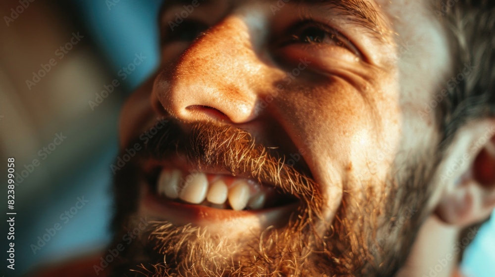 Poster close up portrait of a smiling man with a beard. ideal for business or lifestyle concepts