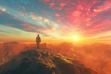 A man standing on top of a mountain at sunset. Perfect for outdoor and adventure themed designs