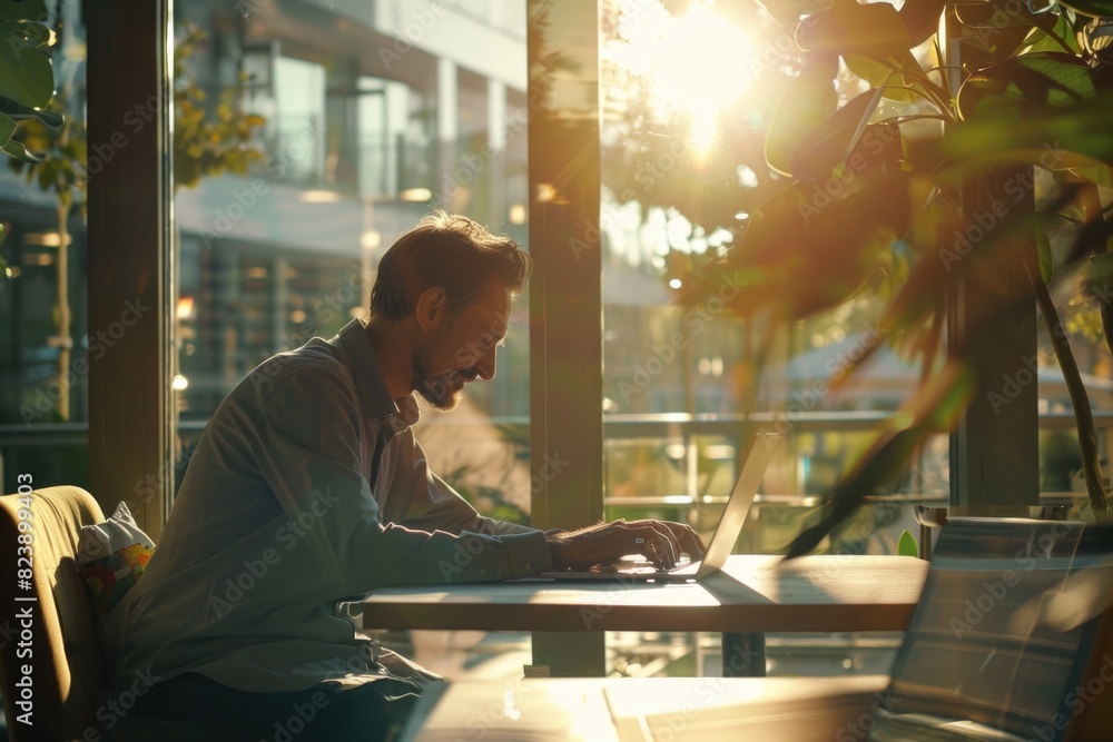 Poster A man sitting at a table working on a laptop. Suitable for business and technology concepts