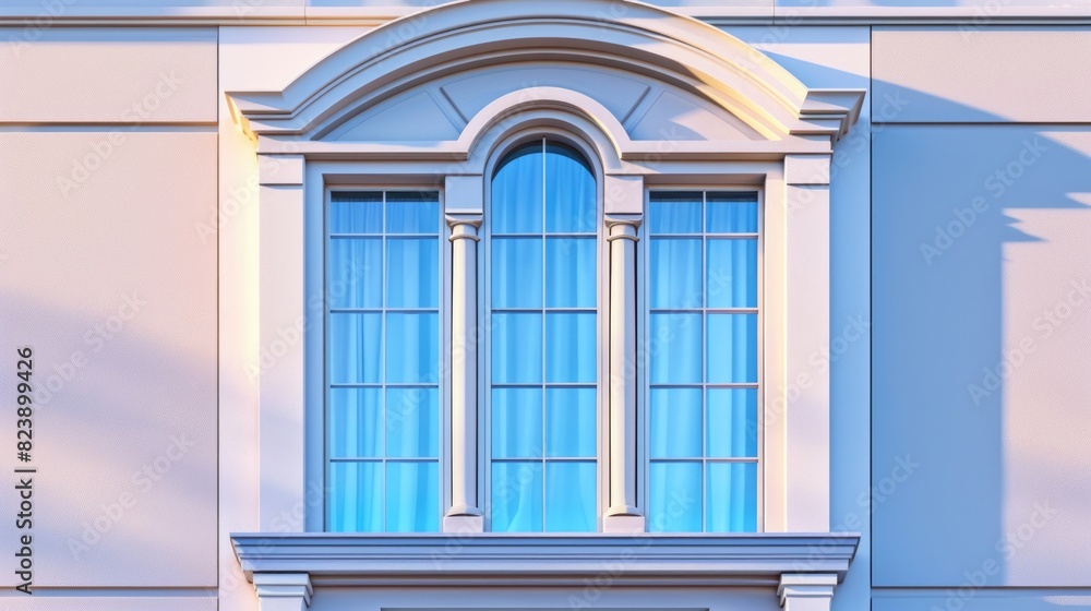 Poster a large white building with a blue window. suitable for architectural and real estate concepts