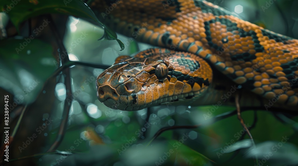 Poster a close-up of a snake on a tree branch. ideal for nature and wildlife themes