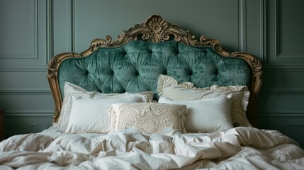 A bed with a green headboard and white pillows