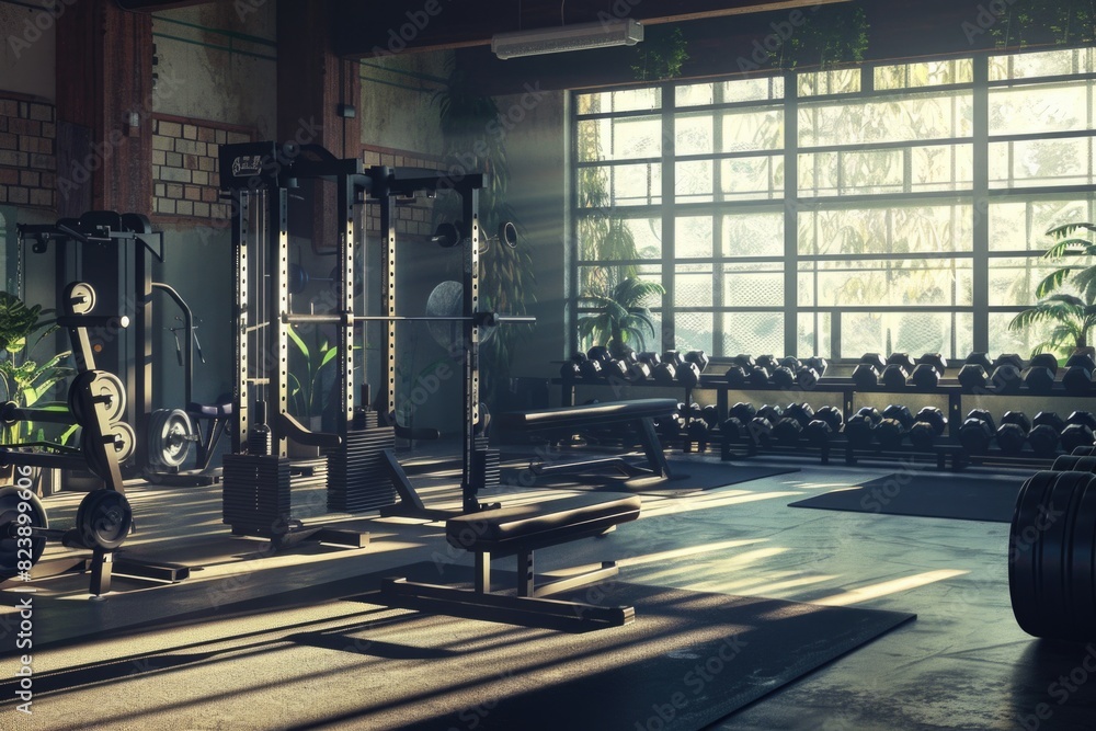 Poster a gym filled with various exercise equipment. ideal for fitness and health-related projects