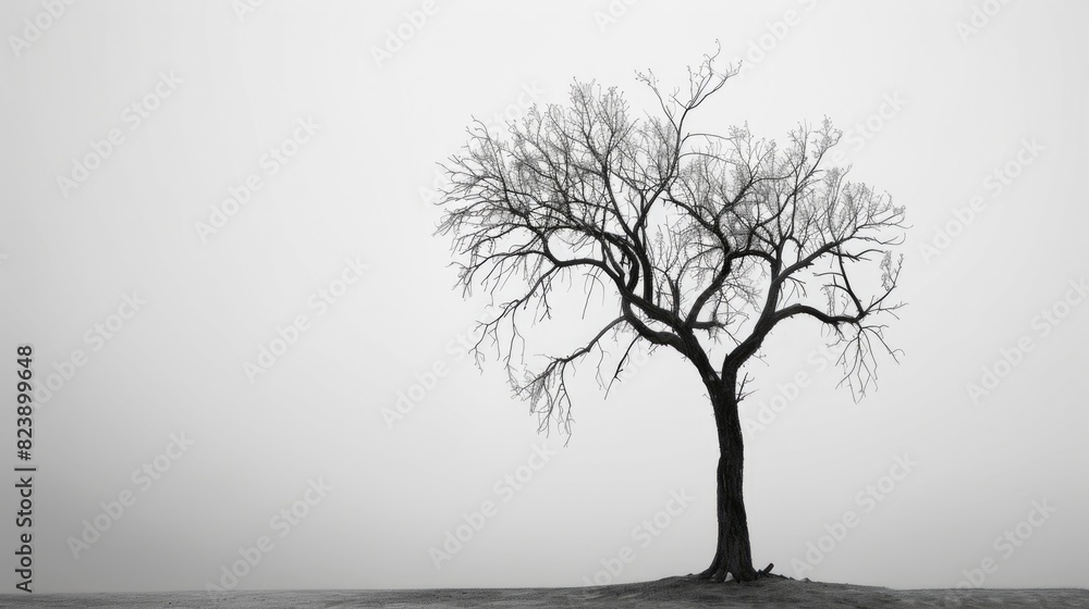 Poster a solitary tree standing in a misty field. suitable for nature and landscape themes