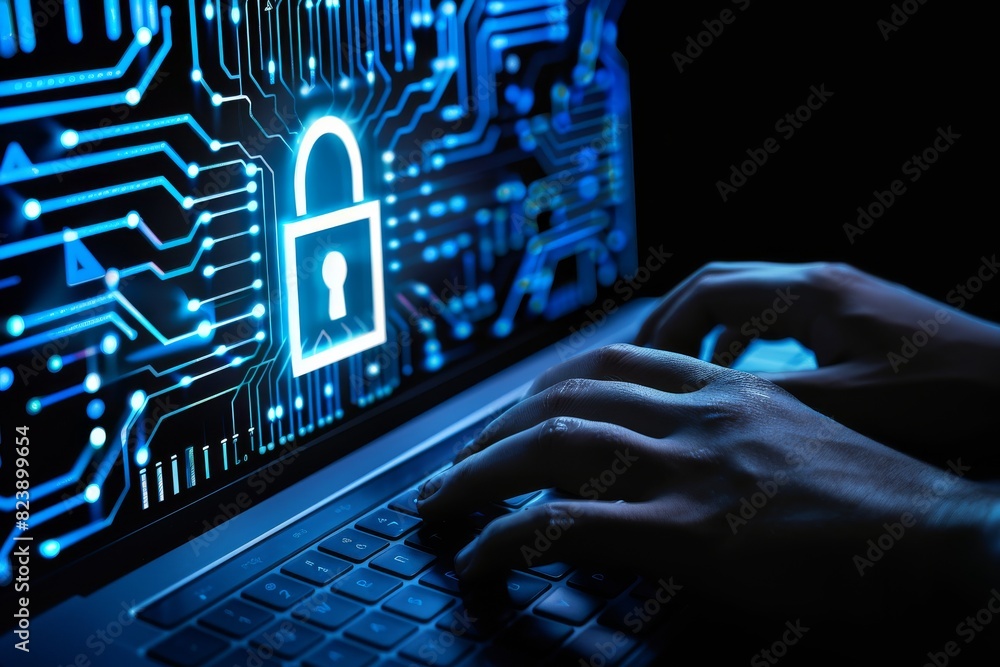 Aufkleber cyber security with hand on digital lock for secure online data protection and network safety