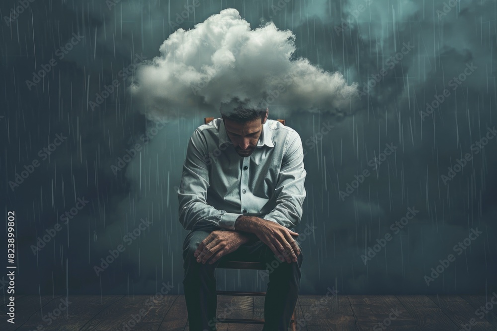 Poster a man sitting in a chair with a cloud floating above him. suitable for concepts of creativity and in
