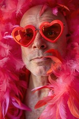 A man wearing heart shaped sunglasses and pink feathers. Great for fashion or party concepts