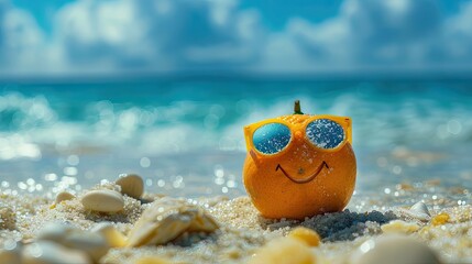 Naklejka premium Citrus Chill: An Orange Rocking Sunglasses on a Sunny Beach