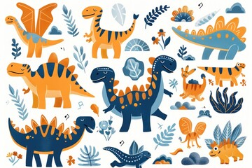 Obraz premium Colorful cartoon dinosaurs and plants, perfect for children's books or educational materials