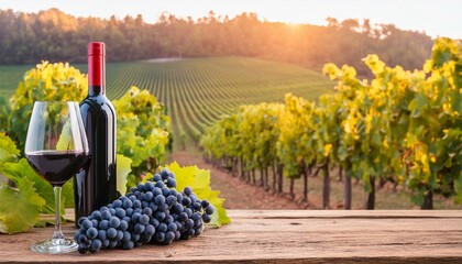  Bunch of fresh grapes, wine glass and bottle on wooden table, vineyard landscape, natural ba...