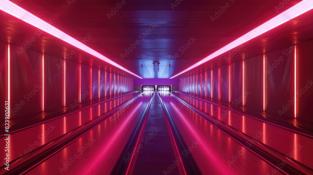 Poster a long hallway illuminated with red and blue lights. ideal for futuristic or sci-fi themes