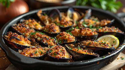 Dish of cooked mussels filled with breadcrumbs