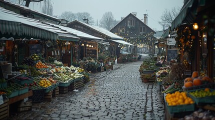A quaint cobblestone market street on a cold winter morning with rustic wooden stalls selling a variety of fresh fruits and vegetables, adorned with festive lights