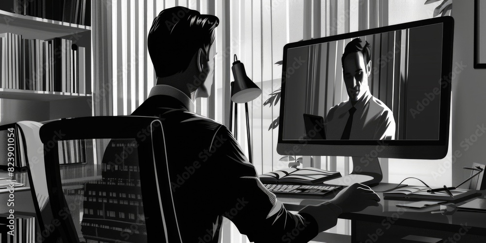 Aufkleber A man sitting at a desk in front of a computer. Suitable for business and technology concepts