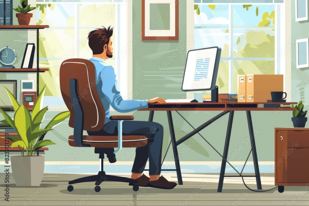 Aufkleber A man sitting at a desk working on a computer. Suitable for business and technology concepts