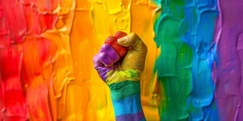 Rainbow colored hand with a fist raised up. Gay Pride. LGBT concept 