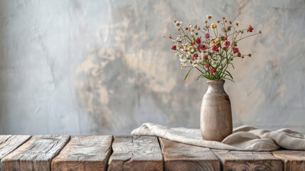 A vase of flowers sits on a wooden table