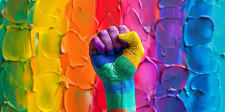 Rainbow colored hand with a fist raised up. Gay Pride. LGBT concept 