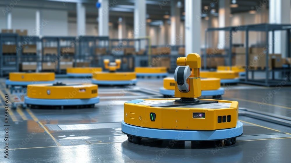 Poster an autonomous robot equipped with a mechanical arm operating efficiently in a modern, high-tech ware