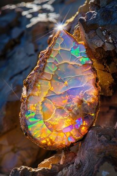 A large piece of opalite sitting on a rock. Ideal for crystal healing websites