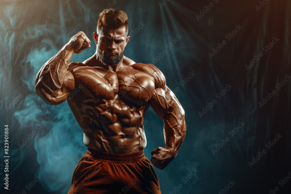 Poster A man flexing his muscles with a dark background. Ideal for fitness or bodybuilding concepts