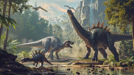 Prehistoric creatures in natural habitat. Suitable for educational materials