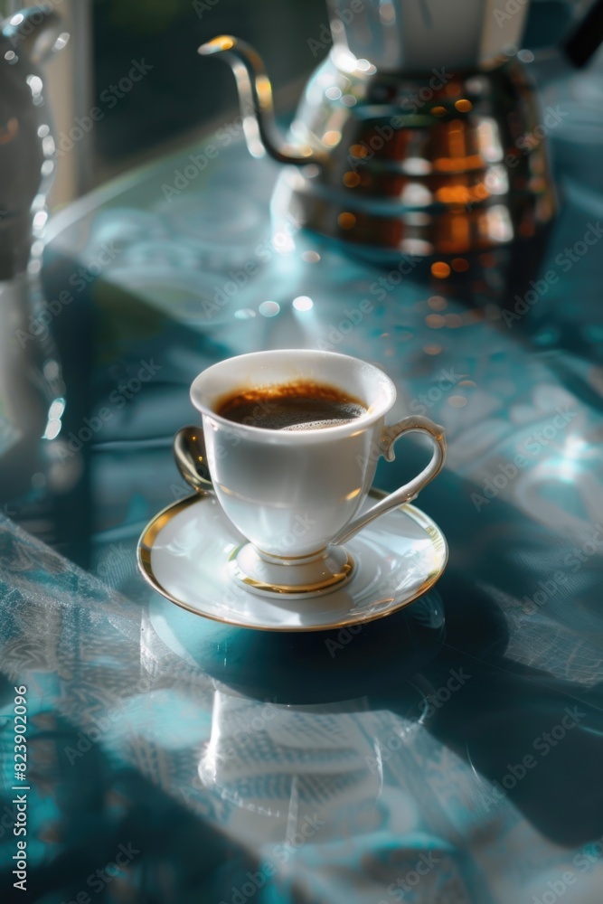 Poster a simple composition of a cup of coffee on a saucer. suitable for cafe menus or coffee advertisement