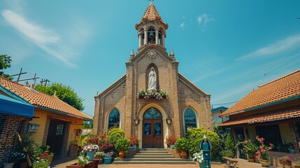 Beautiful architectural church surrounded by vibrant flowers and greenery under a clear blue sky on a sunny day