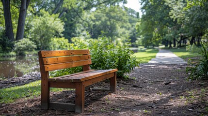 A picturesque wooden bench located along a serene and lush park pathway, surrounded by flourishing greenery near a peaceful water body on a sunny day