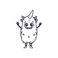 cute monster isolated on white background for coloring pages, magazines. Alien, cartoon character. Sketch, doodle. Vector illustration