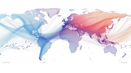 Abstract world map with a smooth color gradient, depicting international connectivity with sweeping lines and light dots.